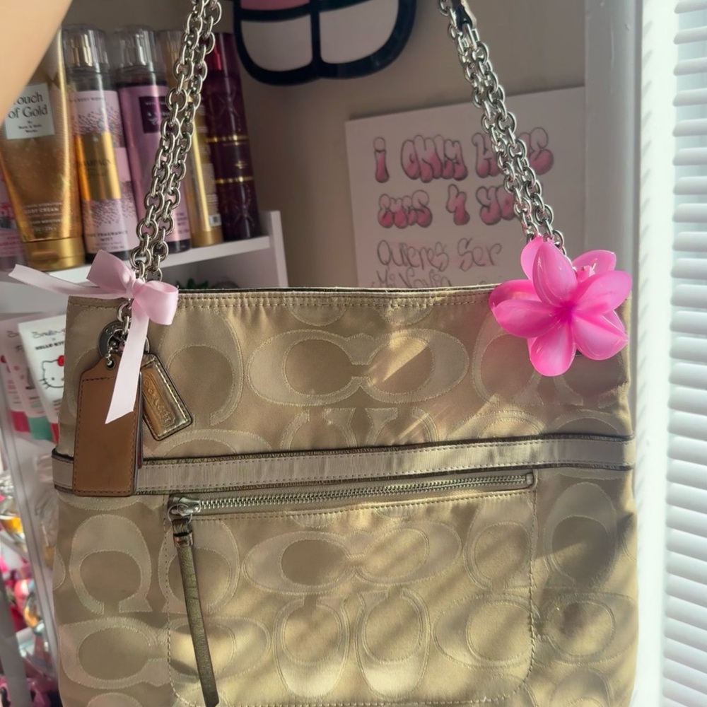 Coach Tan Signature Shoulder Bag with Pink Floral Charm
